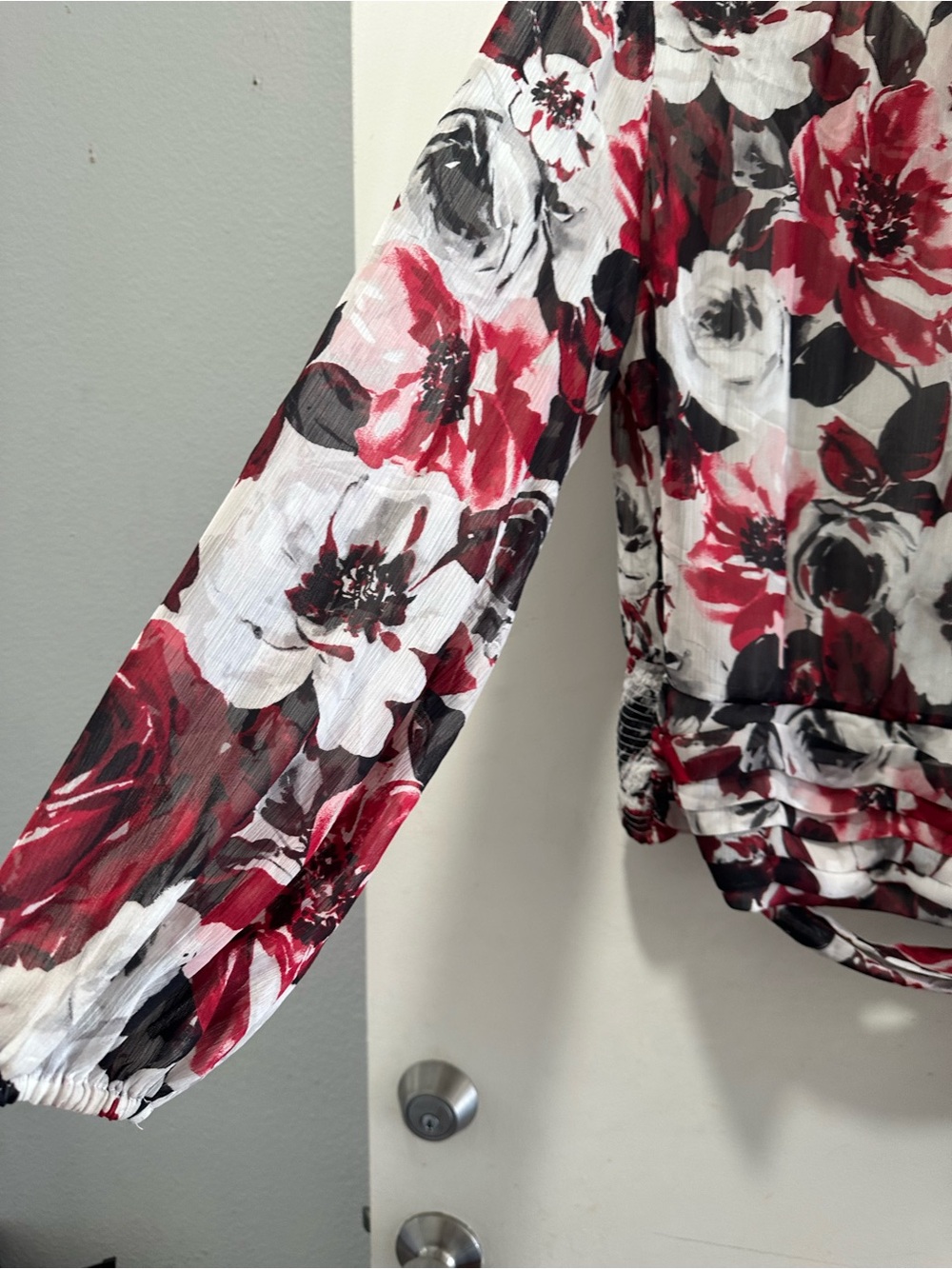 White House Black Market Red, Black & White Floral Long-Sleeve Blouse - Picture 2 of 5